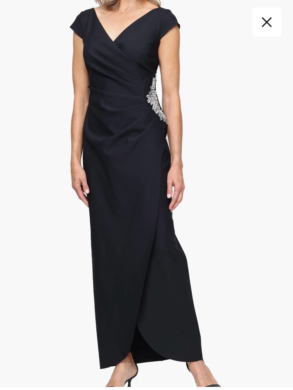 Alex Evenings Black Cap-Sleeve Evening Gown with Side Embellishment